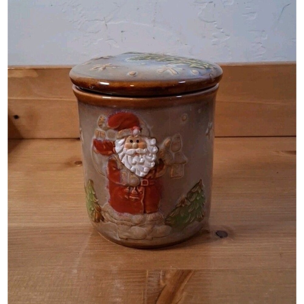 Vintge Santa Greenbrier Canister Cookie Jar Lidded 4" Trinkets Christmas